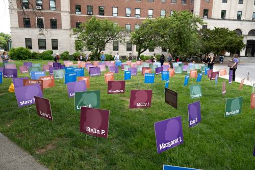 Shown are signs representing some, though not all, of the African American girls between 5 and 18 who lived, worked, and were trained at the Johns Hopkins Colored Orphan Asylum as domestic workers.