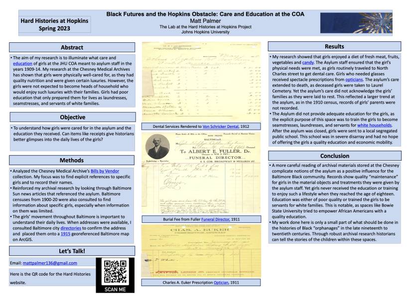 Matt Palmer's research lab poster on the Johns Hopkins Hospital Colored Orphan Asylum from Dr. Martha S. Jones' spring 2023 research lab class