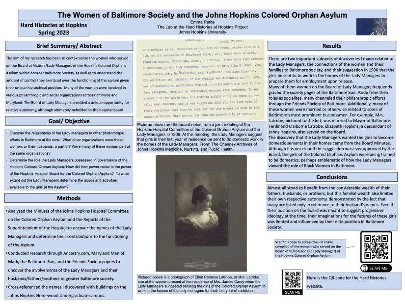 Emma Petite's research lab poster on the Johns Hopkins Hospital Colored Orphan Asylum from Dr. Martha S. Jones' spring 2023 research lab class